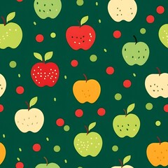 Seamless Pattern of Stylized Apples on Dark Green Background