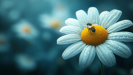 A daisy on a blue background. spring chamomile and bee. chamomile and ladybug.