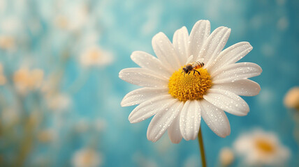 A daisy on a blue background. spring chamomile and bee. chamomile and ladybug.