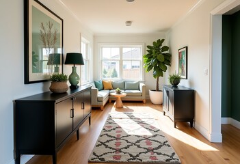 Fototapeta premium Coastal Style Entryway: Black Console Close Up, Warm Styling, Well Lit, Youthful Decor, Lived-in, Beni Ourain Rug, Oak Floors, Fresh & Clean, Emerald Accents, Morning Light, White Walls. 