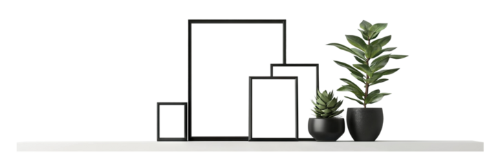 Set of modern black frames with potted plants, isolated on transparent cutout background