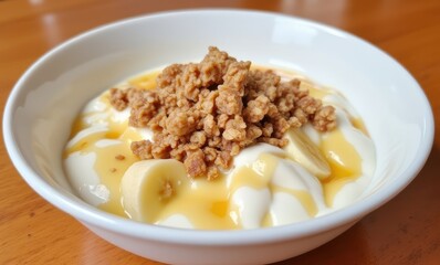 Delicious yogurt bowl with bananas and granola