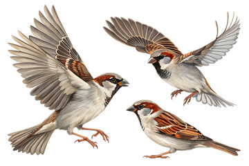 Obraz premium House Sparrow Bird in Various Poses – Flying and Perching, Transparent Png Background 