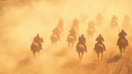 Overhead Perspective of Entangled Horse Riders in Dusty Landscape