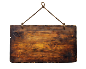 Rustic wooden signboard with rope hanger, isolated on transparent cutout background