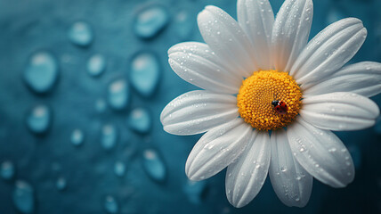 A daisy on a blue background. spring chamomile and bee. chamomile and ladybug.