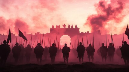 Fototapeta premium Mournful Drum Corps Standing in Formation During Sunset Event