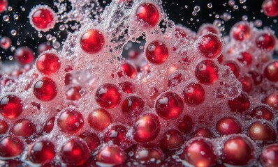 Vibrant red bubbles and spheres in motion