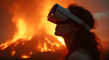 Woman in VR Headset Experiencing Volcanic Eruption Simulation Dramatic Virtual Reality Fire Scene Immersive Technology