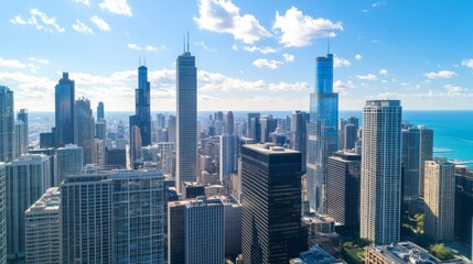 Fototapeta premium Aerial view of Chicago's skyscrapers, lakefront, and blue sky, showcasing urban development and modern architecture for travel and real estate marketing