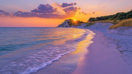 Sunset beach, coastal cliff, waves, tranquil scene, vacation