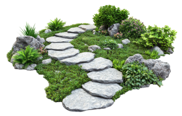 Curved stone pathway with greenery, isolated on transparent cutout background
