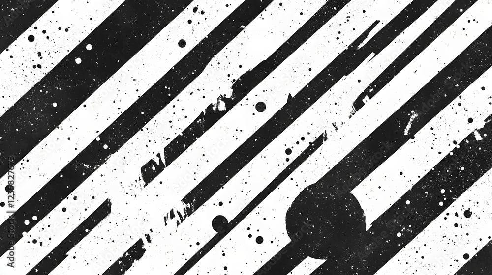 Poster abstract grunge texture background with diagonal stripes and paint splatter in black and white monoc