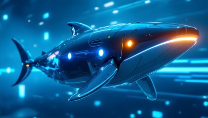 Futuristic Robotic Shark in Digital Ocean Scene