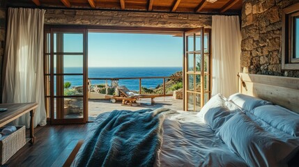 Ocean view bedroom with open doors to a private deck.
