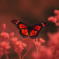 Fototapeta premium A vibrant butterfly with striking orange and black wings rests delicately on pink flowers. The background is softly blurred, creating a warm, serene atmosphere.