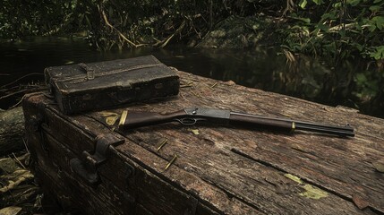 Fototapeta premium Vintage Rifle Resting on Battered Trunk by Tranquil Riverbank