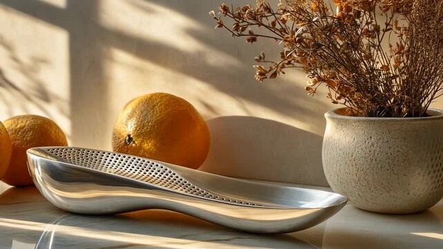 Elegant Silver Zester with Oranges and Dried Flowers