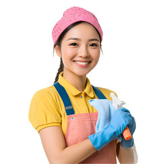 Asian housekeeper in a uniform, giving a thumbs-up while holding a cleaning cloth, isolated on a white background 