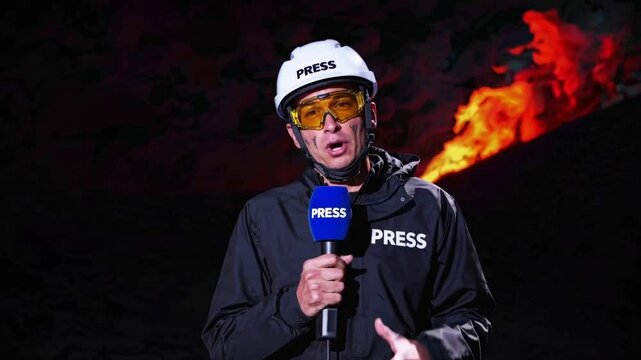 Continuous loop video of a news anchor reporting live while flames engulf structures in the background, Generative AI