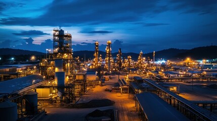 A nighttime industrial complex illuminated by lights, showcasing machinery and structures.