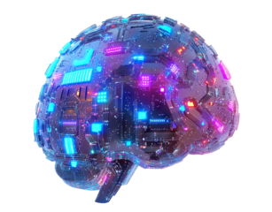 Futuristic electronic brain with glowing circuits, isolated on transparent cutout background