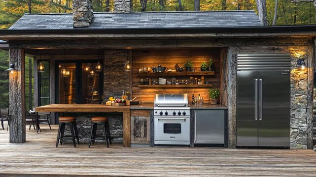Modern outdoor kitchen with grill and seating in a serene forest setting