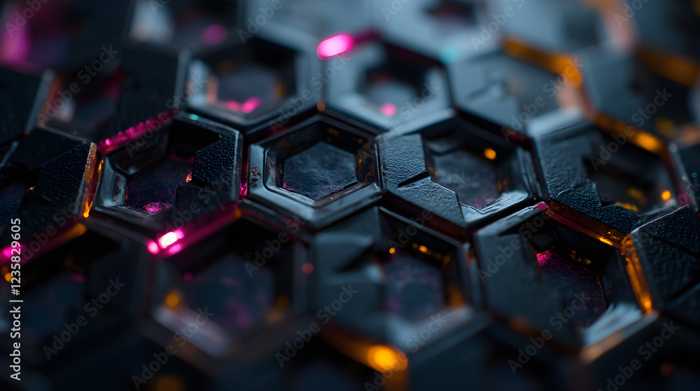Poster abstract dark hexagon pattern background 3d render futuristic technology design glowing pink and ora