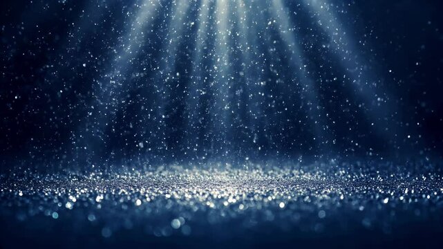 Luxurious beautiful dark blue navy bokeh light effect background with shimmer, particles falling down, ight god rays, abstract glitter lights. Product Scene Mockup or Christmas background		