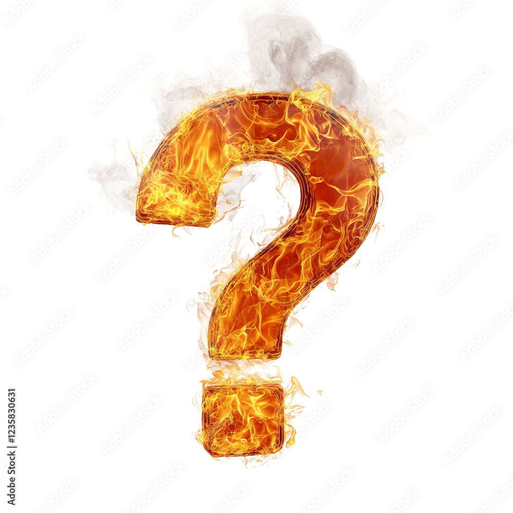 Poster a question mark engulfed in fiery flames and smoke against a black background representing uncertain