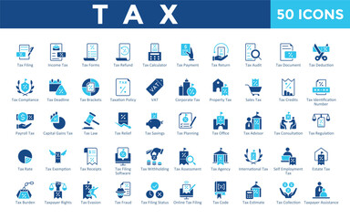 Tax icons set with tax filing, income tax, tax forms, tax refund, tax calculator, tax payment, tax return, tax audit, tax document, tax deduction icon. Simple flat vector 
