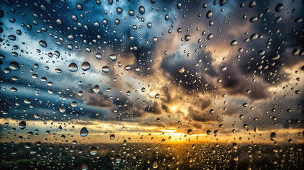 Dramatic sky with storm clouds behind a rainy window