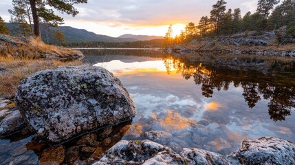 Sunset lake reflection, autumnal mountains. Calm water, rocky shore. Nature postcard