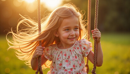Smiling Girl on Swing in Sunlit Park
