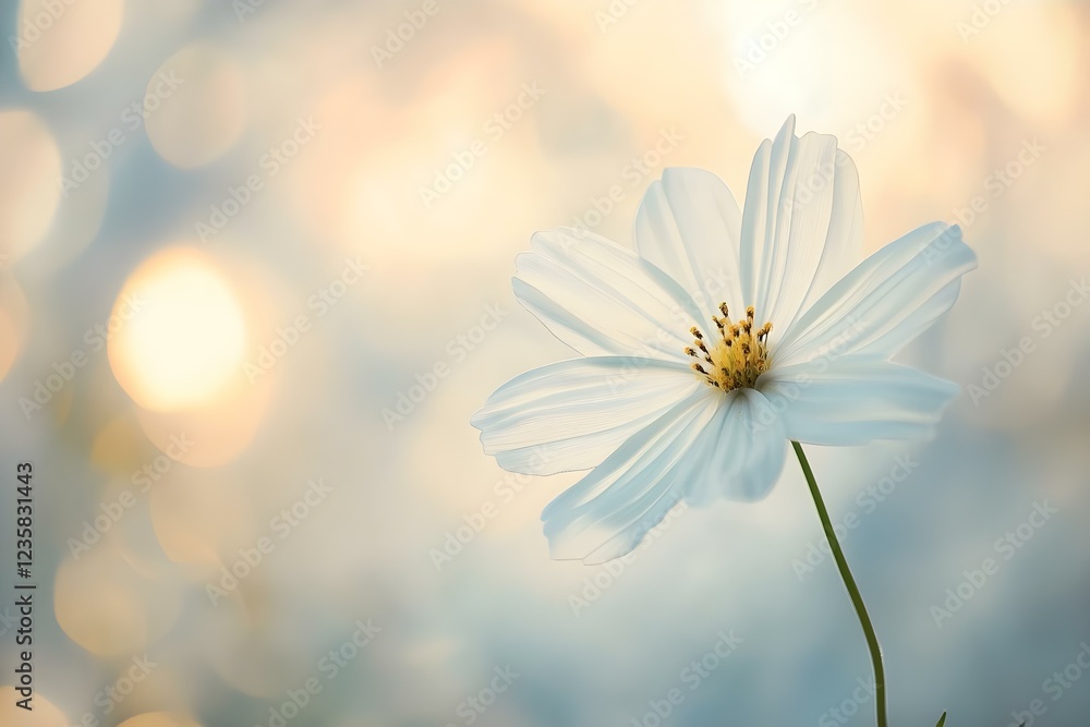 Poster a close-up of a delicate white flower with soft petals and a gentle bokeh background, creating a ser