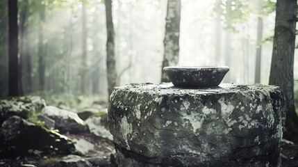 Obraz premium Ancient stone altar in misty forest with ceremonial bowl, symbolizing ancient rituals and spiritual connection to nature, evoking mystery and historical traditions. 