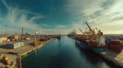 Obraz premium A panoramic view of a busy shipping port with containers and cranes along the waterway.