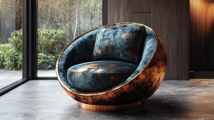 Stylish modern armchair in a chic interior, showcasing luxurious blue velvet fabric and a unique circular design, perfect for contemporary home decor.
