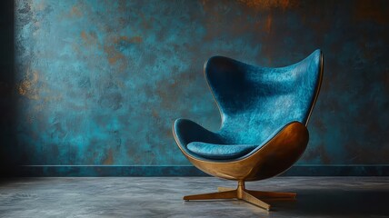Stylish blue egg chair against a textured teal wall, showcasing modern design and elegance for contemporary interior decor.