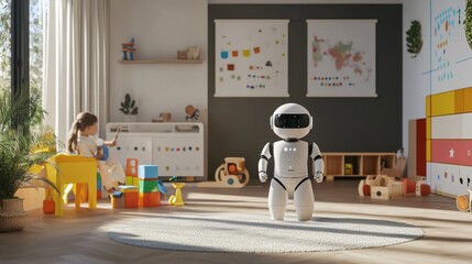 Humanoid robot nanny assisting with childcare in a spacious nursery, child-friendly home environment with distant view of colorful toys and educational posters, Childcare Assistant style