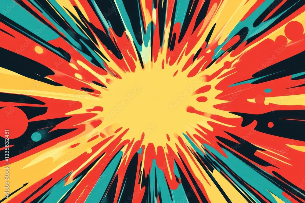Poster vibrant abstract explosion with bold colors and dynamic lines radiating from a central point