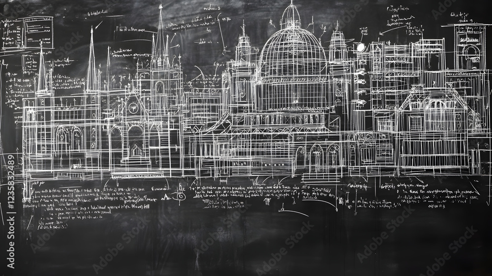 Poster architectural wireframe cityscape with iconic landmarks digital 3d rendering of a futuristic urban e