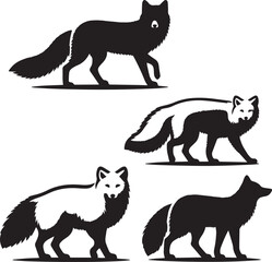 Arctic fox silhouette, walking fox vector, fox pose set, black and white fox, fox illustration, wild animal silhouette, Arctic fox walking pose, 