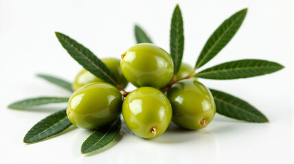 Obraz premium Add a touch of freshness and Mediterranean charm to your projects with this image of plump, green olives on a branch. Perfect for food, health, and nature-themed designs