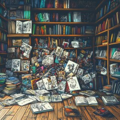 Overflowing Bookshelves And Scattered Sketchbooks Fill A Room