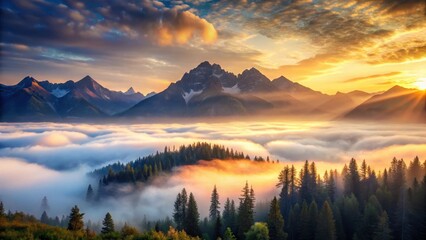 Fototapeta premium Breathtaking mountain landscape with misty veil at sunrise, wilderness, landscape, wilderness, landscape,mountains, nature, scenery
