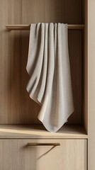 A neatly draped towel hanging on a wooden rack in a minimalist setting.