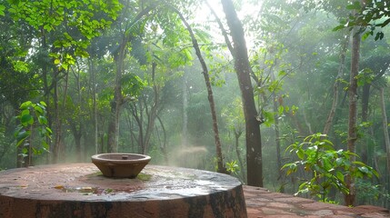 Ancient stone altar in misty forest with ceremonial bowl, symbolizing ancient rituals and spiritual connection to nature, evoking mystery and historical traditions.
