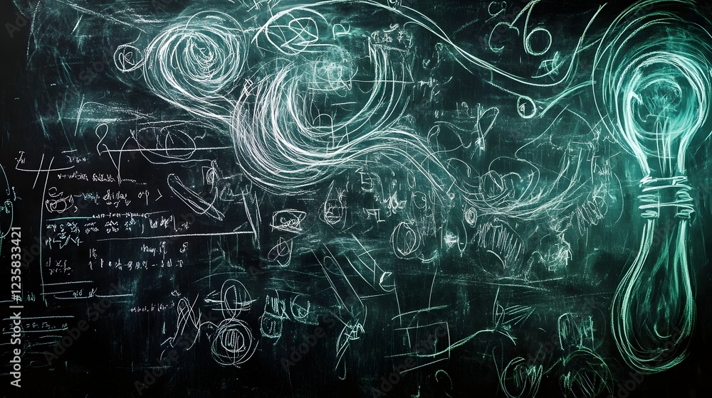 Poster Blackboard filled with scientific formulas equations and diagrams representing the creative and analytical process of innovation discovery and in a laboratory or academic setting