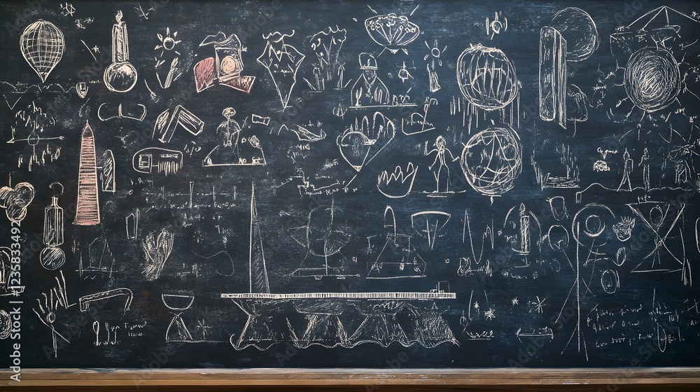 Poster blackboard filled with sketches doodles and icons representing various scientific disciplines includ